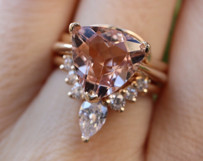 Genuine Trilliant Morganite Halo Bridal 3 Ring Set- Triangle Natural 3.53ct Morganite Engagement Ring Set w/ 2 Wedding Band in 14k Gold