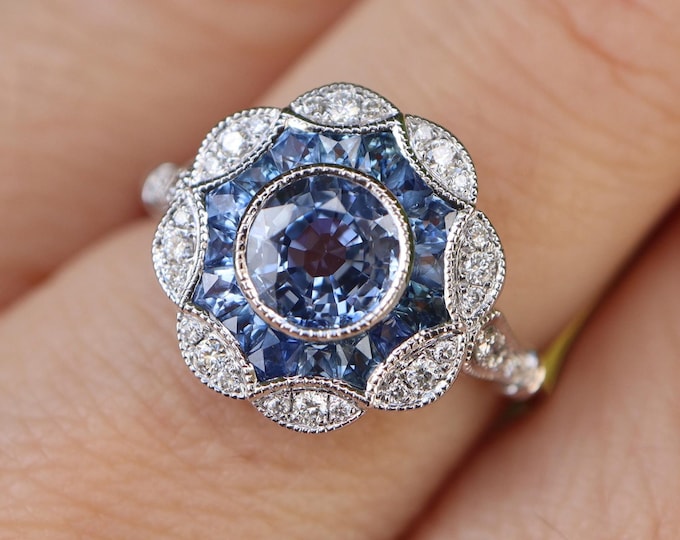 Genuine Round Blue Sapphire Engagement Ring- Scallop Double Halo Sapphire Diamond Solitaire Solid 18k White Gold Anniversary Milgrain Ring