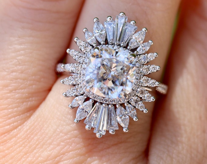 8mm Cushion Lab Grown Diamond Vintage Engagement Ring- Moissanite Deco Baguette Marquise Halo Ring- Clear Colorless Navette Antique Ring