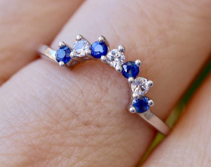Genuine Blue and White Round Sapphire Contour Wedding 14k White Gold Band- Natural Prong Sapphire Semi Circle 18k Yellow Gold Band