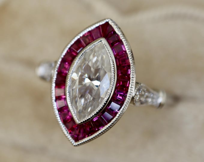 Genuine Halo Pink Red Ruby with Marquise Moissanite Deco Milgrain Engagement Ring