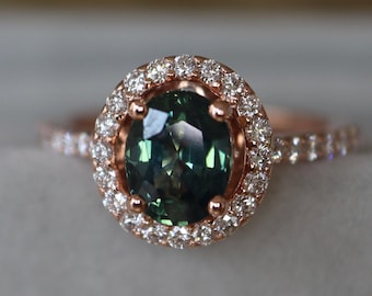 Genuine Green Sapphire 2.02ct Oval Engagement Ring- Sapphire Diamond Halo 8x6mm 14k Solid Rose Gold Ring -Sapphire Diamond Ring