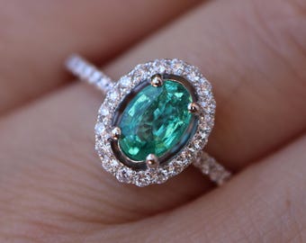 Genuine Oval 0.69ct Green Emerald Halo Diamond Classic Engagement Ring- 14k White Gold Natural Emerald Solitaire Ring- May Birthstone Ring
