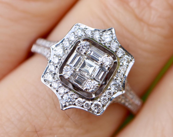 Genuine Square Diamond Vintage Solid 18k White Gold Ring-Deco Illusion Diamond Scallop Halo Ring-Cluster Baguette Anniversary Solitaire Ring