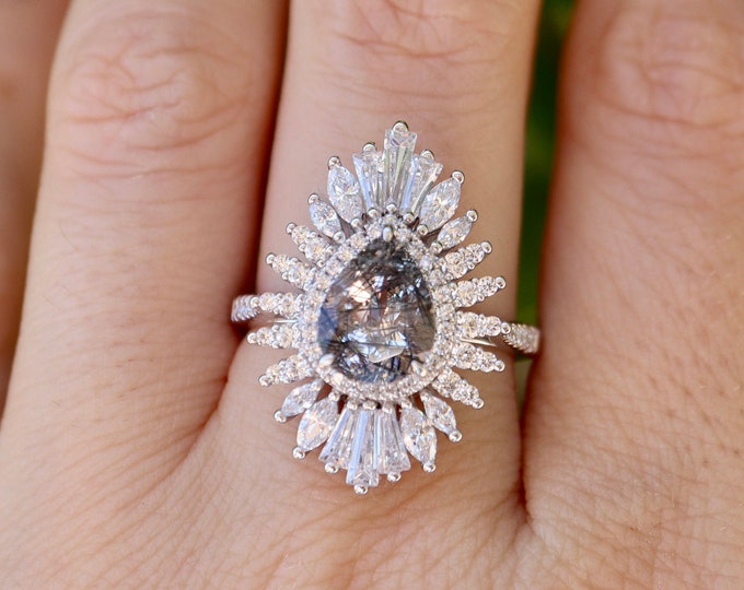 Pear Tourmalated Quartz Deco Engagement Ring- Teardrop Genuine Black Rutile Baugette Marquise Halo Ring- Alternative Salt & Pepper Diamond