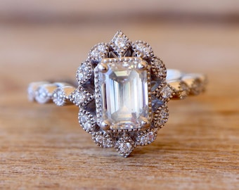 Emerald Cut Lab Grown Diamond Vintage Halo Engagement Ring- Moissanite Deco Baguette Ring- Clear Colorless Scallop Antique Rectangle Ring