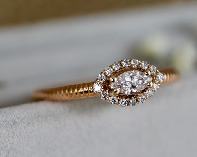 Genuine Marquise Diamond Solid 18k White and Rose Gold Ring- Dainty 0.20ct Natural Diamond Halo Textured Ring- Two Tone Diamond Jewelry