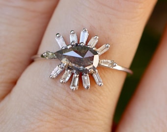 Teardrop Salt and Pepper Diamond Halo Baguette Ring- Pear Genuine Natural Black White Diamond Dainty White Gold Engagement East West Ring