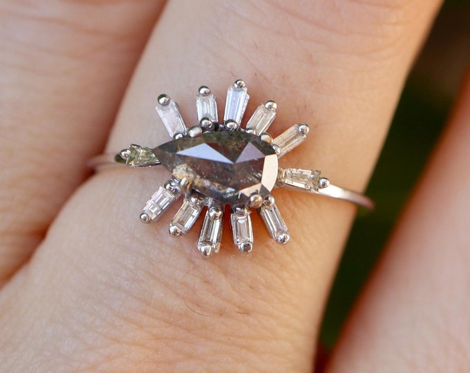 Teardrop Salt and Pepper Diamond Halo Baguette Ring- Pear Genuine Natural Black White Diamond Dainty White Gold Engagement East West Ring