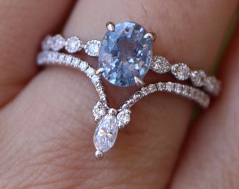 1ct Oval Light Blue Sapphire Diamond 2 Deco Bridal Ring Set- Natural Sapphire Engagement 18k White Gold Ring- Milgrain Bubble Eternity Shank