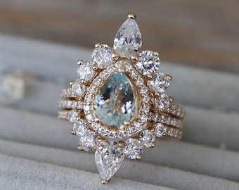 Teardrop Genuine Aquamarine Halo Bridal 3 Ring Set for Her- Pear Natural Blue Aquamarine Engagement Ring w/ 2 Wedding Band 14k 18k Platinum