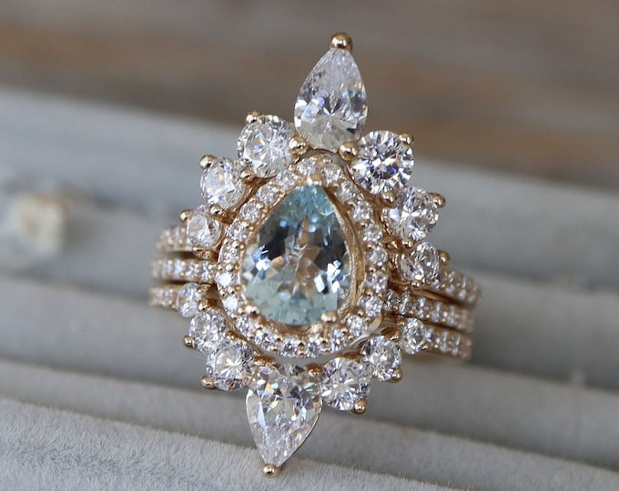Teardrop Genuine Aquamarine Halo Bridal 3 Ring Set for Her- Pear Natural Blue Aquamarine Engagement Ring w/ 2 Wedding Band 14k 18k Platinum