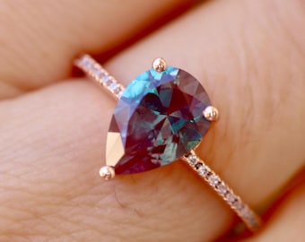 Pear Alexandrite Halo 2 Ring Set- Teardrop Color Change Blue Purple Alexandrite 14k Gold Engagement Ring with Chevron V Contour Wedding Band