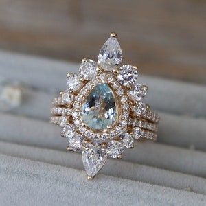 Teardrop Genuine Aquamarine Halo Bridal 3 Ring Set for Her- Pear Natural Blue Aquamarine Engagement Ring w/ 2 Wedding Band 14k 18k Platinum