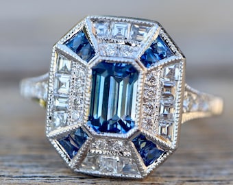 Genuine 0.92ct Baguette Blue Sapphire Deco Engagement Ring- Natural Diamond Halo Solitaire Vintage Ring- Geometric Halo Anniversary Ring