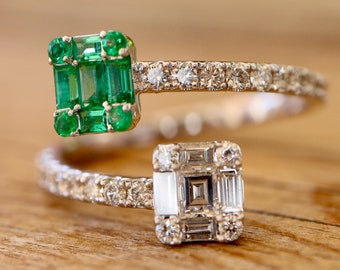 Illusion Genuine Diamond Green Emerald Deco Dual Ring- Solid 18k White Gold Cuff Open Ring- Anniversary Natural Baguette Round Square Ring