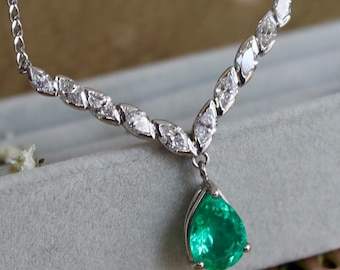 Pear Genuine Colombian 2ct Emerald with Marquise Diamond in 14k White Gold Necklace- Teardrop Natural Green Faceted Emerald Necklace for Her