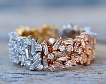 Genuine Tapered Baguette Cluster Diamond 18k Solid Gold Wide Wedding Band- Natural Diamond Mix Metal Wedding Ring for Her- Diamond Gift Idea
