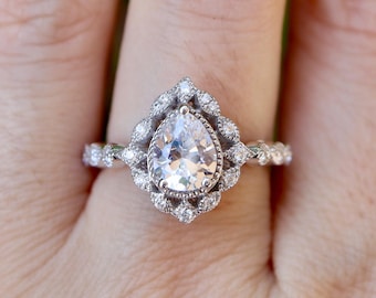 Teardrop Lab Grown Diamond Vintage Engagement Ring- Moissanite Deco Halo Milgrain Scallop Antique Ring- Clear Colorless Pear 8x6mm Ring