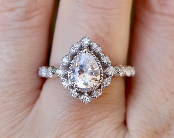 Teardrop Moissanite Vintage Engagement Ring- Alternative Diamond Deco Milgrain Scallop Antique Ring- Clear Colorless Moissanite 8x6mm Ring