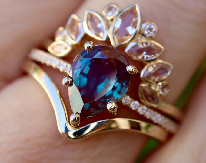 Teardrop Color Change Alexandrite Engagement Ring with Morganite and Chevron 14k 18k Gold Band