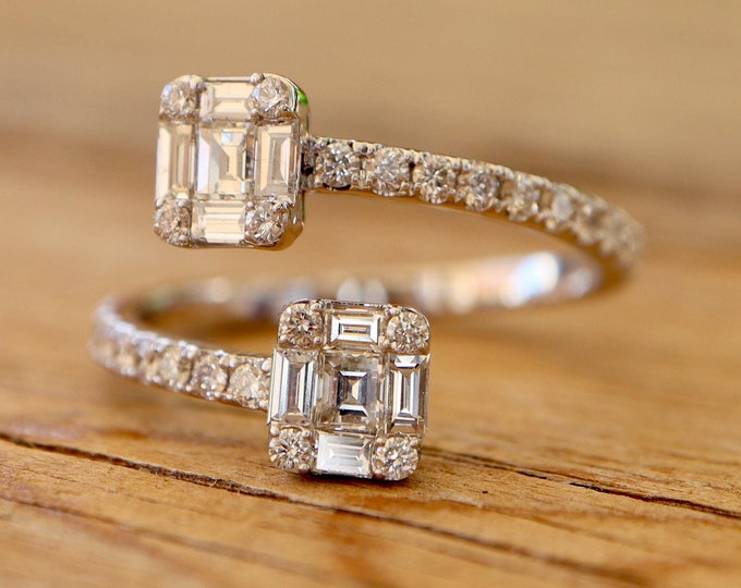 Illusion Genuine Diamond Deco Dual Ring-Solid 14k 18k White Rose Yellow Gold Cuff Open Ring-Real Natural Baguette Diamond Gift Ideas for Her