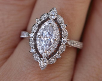 Genuine Marquise Colorless Diamond Deco 18k White Gold Ring- Double Halo Scallop Milgrain Engagement Navette Gia Certified Solitaire Ring