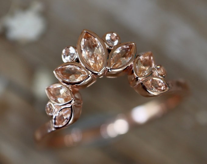 Peach Morganite Square Curved Wedding Band- Rectangle Contour Gold Band- Rose Color Gemstone Band for Emerald Rectangle Shape Ring