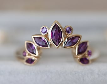 Purple Amethyst Square Shaped Curved Wedding Gold Band- Rectangle Contour Dark Purple Band-Band for Emerald Rectangle Asscher Shape Ring