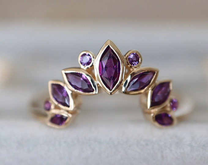 Purple Amethyst Square Shaped Curved Wedding Gold Band- Rectangle Contour Dark Purple Band-Band for Emerald Rectangle Asscher Shape Ring