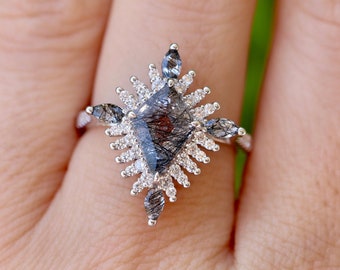Kite Shaped Tourmalated Quartz Engagement Ring- Genuine Natural Black Rutile Diamond Halo Deco Ring- Alternative Salt & Pepper Diamond Ring