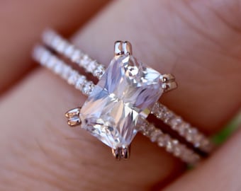 Unheated White Sapphire Emerald Cut 18k White Gold Split Shank Ring- Baguette Natural Sapphire 4 Prong Alternative Diamond Solitaire Ring