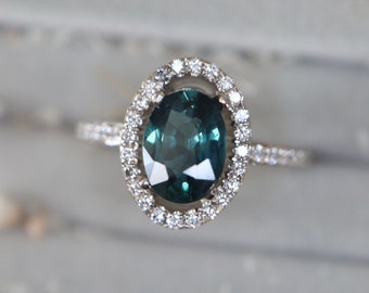 Genuine 1.71ct Teal Sapphire Oval Engagement Ring Unheated No Treatment Sapphire Engagement 8x6mm 18k Solid Gold Ring -Sapphire Diamond Ring