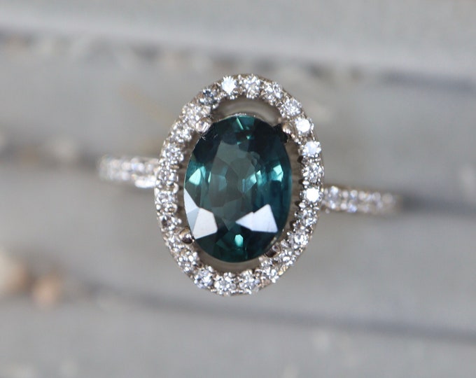 Genuine 1.71ct Teal Sapphire Oval Engagement Ring Unheated No Treatment Sapphire Engagement 8x6mm 18k Solid Gold Ring -Sapphire Diamond Ring