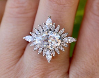 Oval Moissanite Deco Engagement Ring- Alternative White Diamond Halo Vintage Ring- Genuine Moissanite East West Real 14k Gold Ring