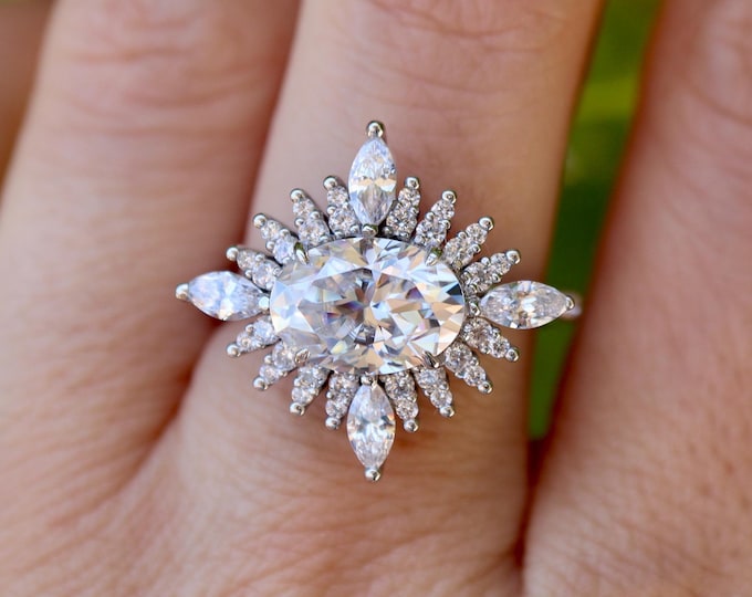Oval Moissanite Deco Engagement Ring- Alternative White Diamond Halo Vintage Ring- Genuine Moissanite East West Real 14k Gold Ring