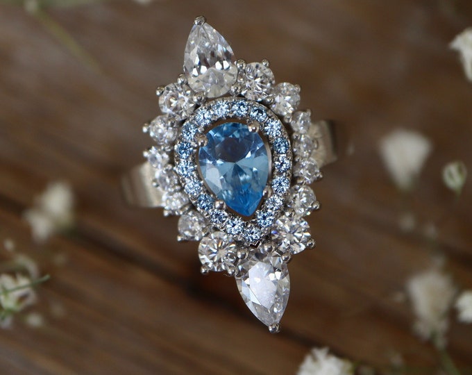 Vintage Pear Blue Engagement Ring- Double Halo Teardrop Promise Ring- Antique Blue Topaz 14k Solitaire Ring- Deco Large Halo Ring