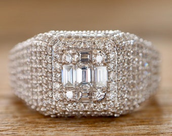 Illusion Baguette Genuine Cluster Diamond Unisex Wedding Band- Natural White Diamond Wide Wedding Band- Large Statement Anniversary Ring