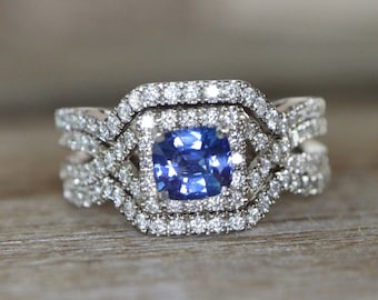 Cushion Genuine Blue Sapphire Deco Ring Set-Dainty Square Sapphire Diamond Halo Split Shank 3 Rings-Dark Blue Sapphire 14k White Gold Rings