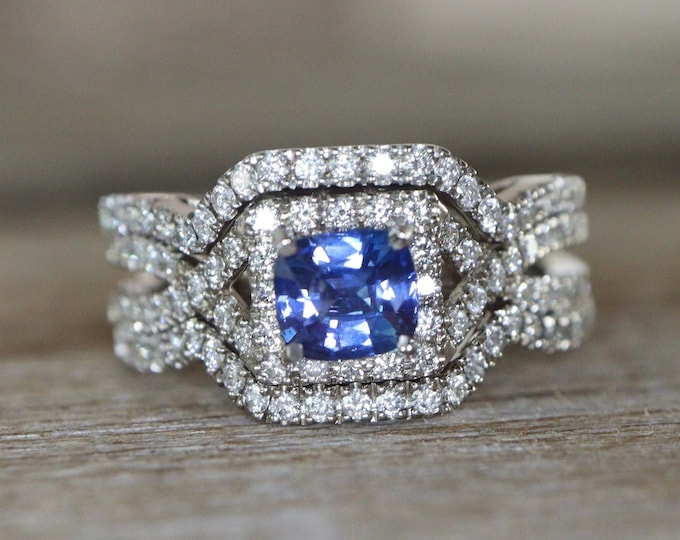 Cushion Genuine Blue Sapphire Deco Ring Set-Dainty Square Sapphire Diamond Halo Split Shank 3 Rings-Dark Blue Sapphire 14k White Gold Rings