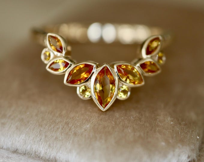 Marquise Citrine Curved Solid Gold Wedding Band