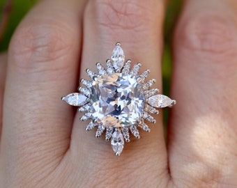 10mm Brilliant Cushion Moissanite Deco Engagement Ring- Alternative White Diamond Halo Vintage Ring- Large Genuine Moissanite Ring for Her