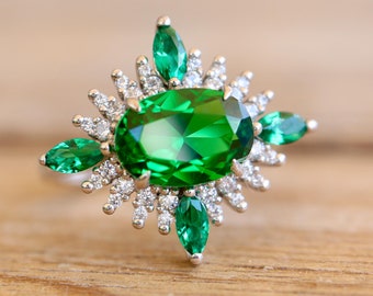 Oval Emerald Engagement Ring- Diamond Halo Deco East West Ring- Dark Green Emerald May Birthstone Ring- 7x10mm Real Solid 14k 18k Gold Ring