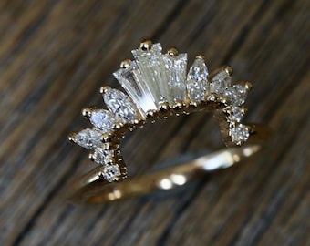 Genuine Diamond Wedding Square Band- Natural Diamond Deco Band- Vintage Curved Marquise Baguette Gold Rectangle Band- Stack Nesting Band