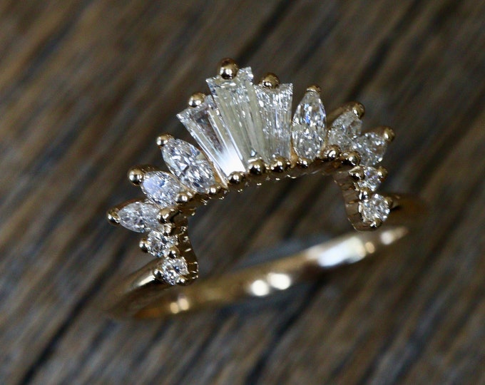 Genuine Diamond Wedding Square Band- Natural Diamond Deco Band- Vintage Curved Marquise Baguette Gold Rectangle Band- Stack Nesting Band