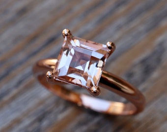 Princess Cut Genuine Morganite 8mm Ring- 14k Asscher Natural Morganite 4 Prong Ring- Square Morganite Simple Promise Engagement Ring