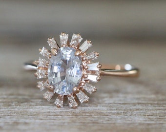 Oval White Sapphire Solitaire 14k Rose Gold Deco Ring- Natural Sapphire Halo Baguette Diamond Ring- 1 Carat Colorless Clear Vintage Ring