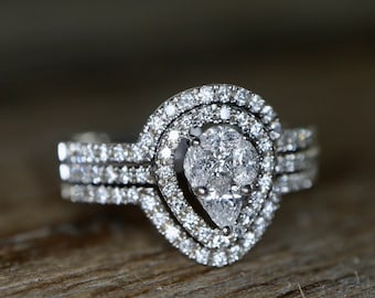 Cluster Genuine Diamond Vintage 3 Ring Set- Deco Teardrop 14K White Gold Halo Ring- Pear Marquise Princess Illusion Diamond Split Shank Ring