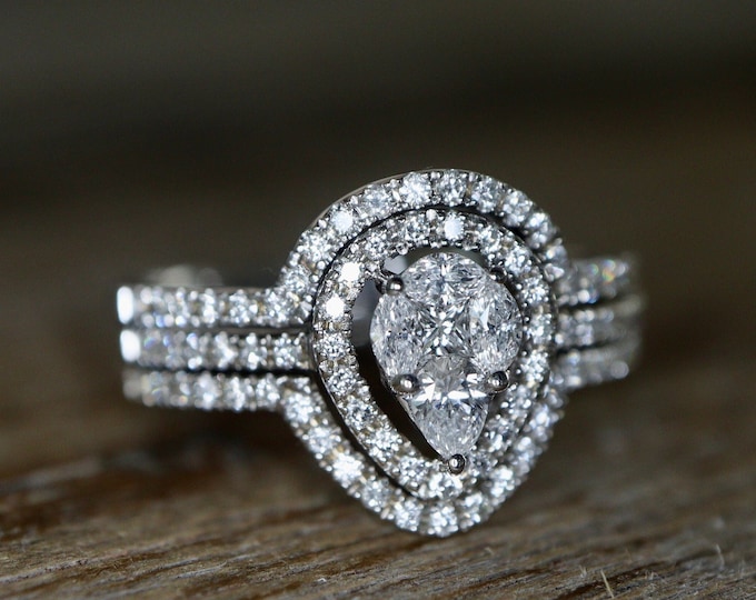 Cluster Genuine Diamond Vintage 3 Ring Set- Deco Teardrop 14K White Gold Halo Ring- Pear Marquise Princess Illusion Diamond Split Shank Ring