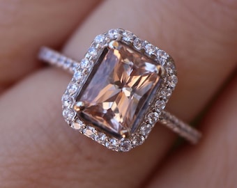 2ct Genuine Morganite Diamond Halo 14k White Gold Ring- 8x6mm Rectangle Emerald Cut Natural Peach Morganite Large Solitaire Engagement Ring
